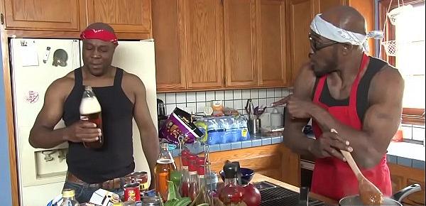  Cooking show ends in interracial orgy with skinny slut